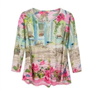 NEW Allison Daley Woman 3X Floral Scenic Cafe Tunic Top Rhinestone 3/4 Sleeve